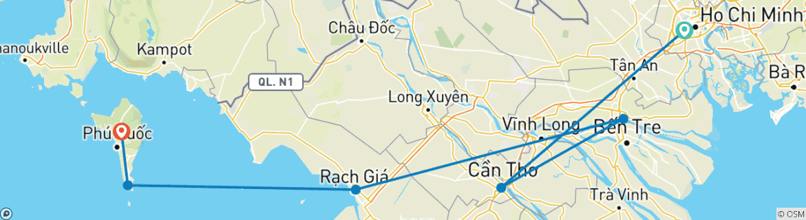 Image of a map showing the route of the tour