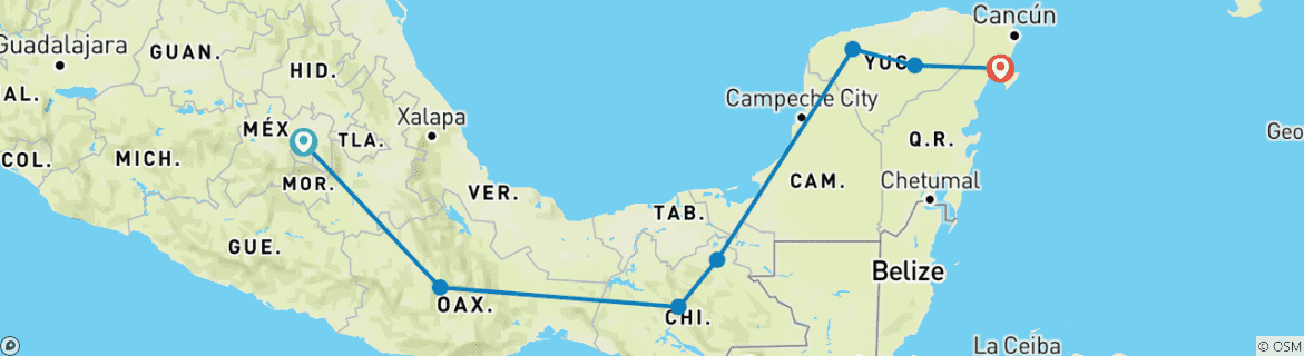 Image of a map showing the route of the tour