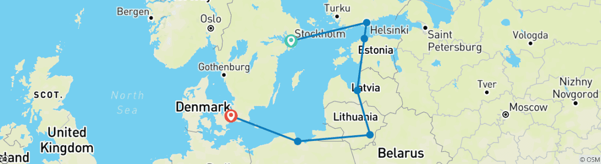 Image of a map showing the route of the tour