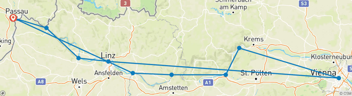 Image of a map showing the route of the tour