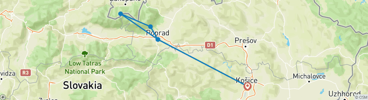Image of a map showing the route of the tour