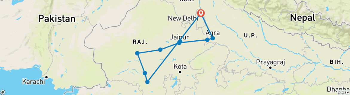 Image of a map showing the route of the tour