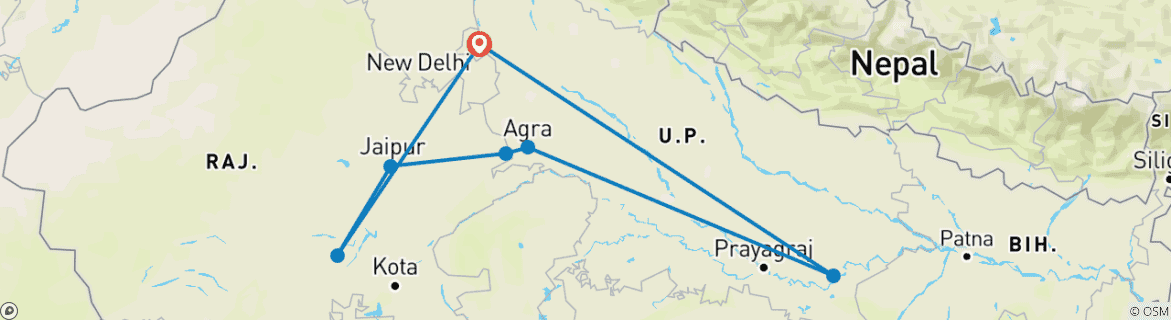 Image of a map showing the route of the tour