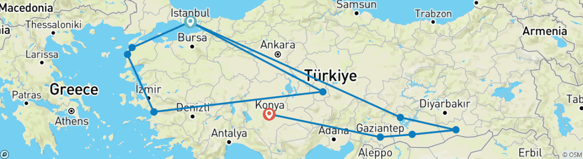 Image of a map showing the route of the tour