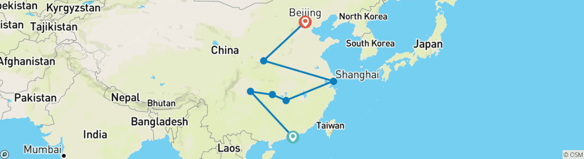 Image of a map showing the route of the tour