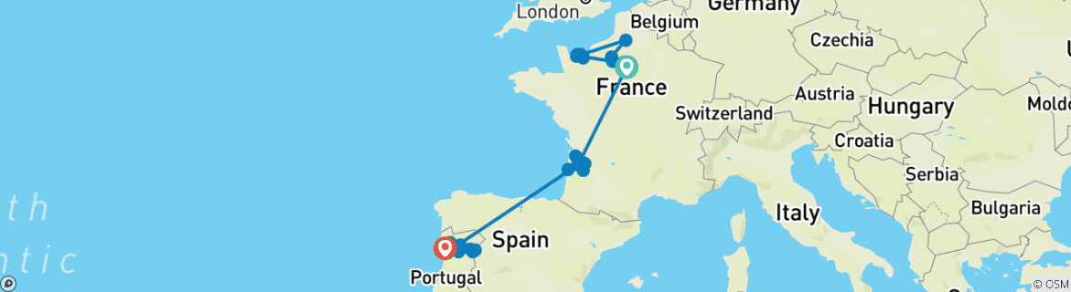 Carte du circuit Le meilleur de la France et du Douro 2027/2028 - 31 jours (de Paris à Porto)