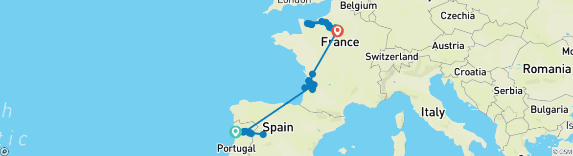 Carte du circuit Chef-d'œuvre : France et le Douro 2027/2028 - 31 jours
