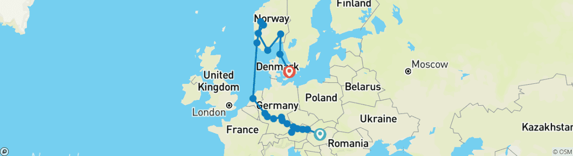 Image of a map showing the route of the tour