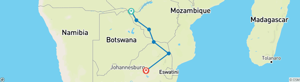 Image of a map showing the route of the tour