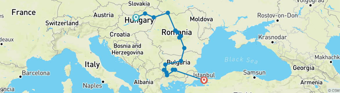 Image of a map showing the route of the tour