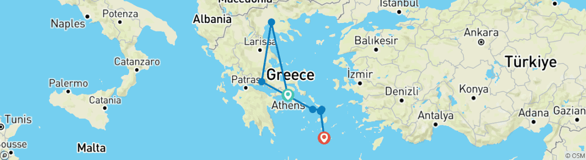 Image of a map showing the route of the tour