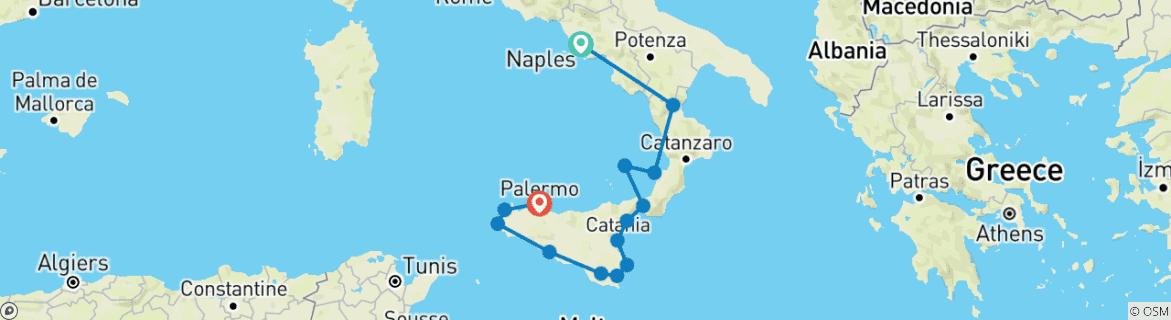 Image of a map showing the route of the tour