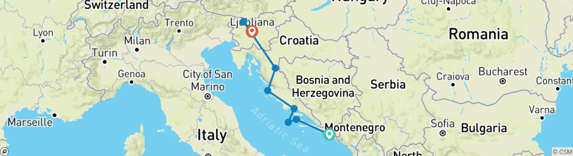 Image of a map showing the route of the tour