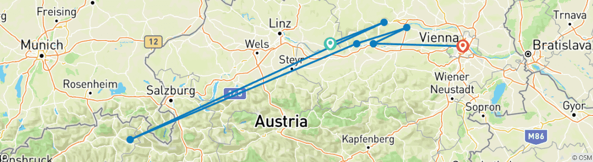 Image of a map showing the route of the tour