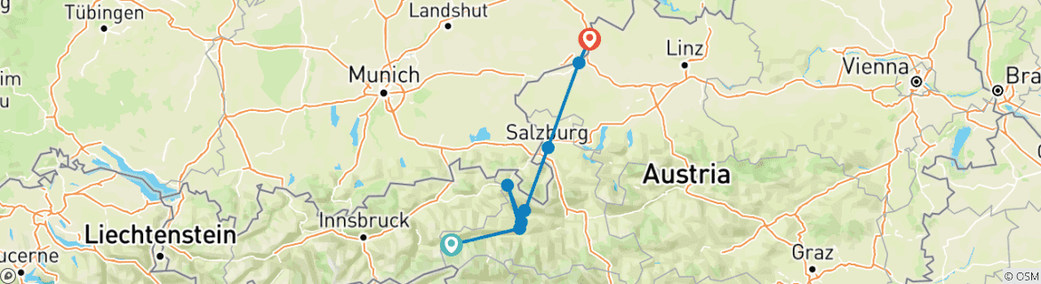 Image of a map showing the route of the tour