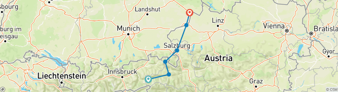 Image of a map showing the route of the tour