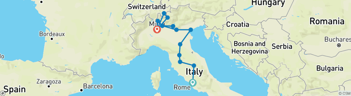 Image of a map showing the route of the tour