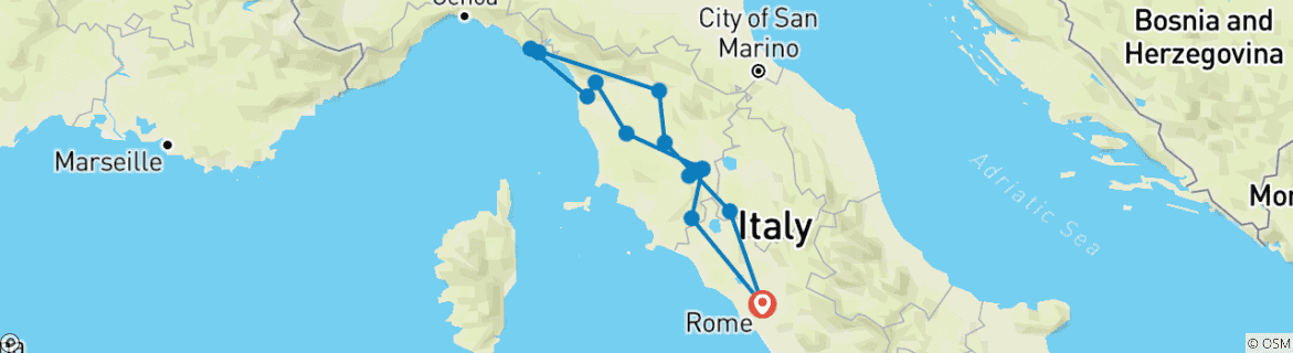 Image of a map showing the route of the tour