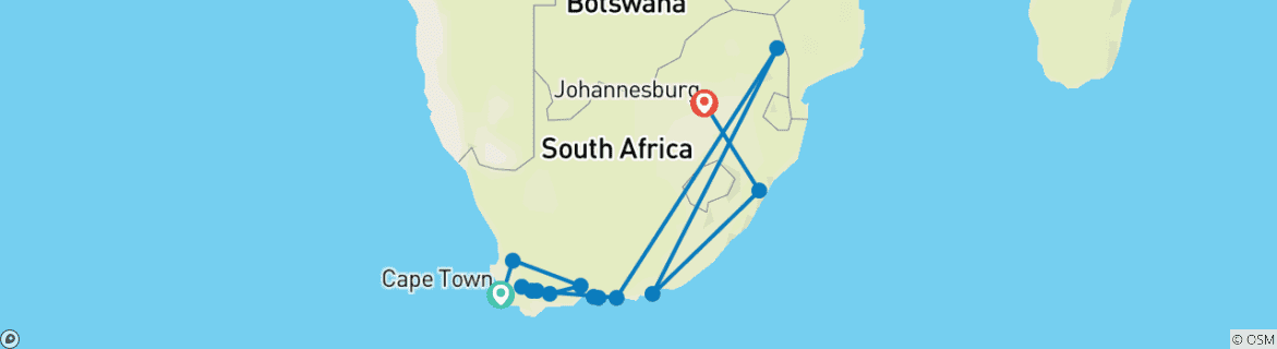Image of a map showing the route of the tour