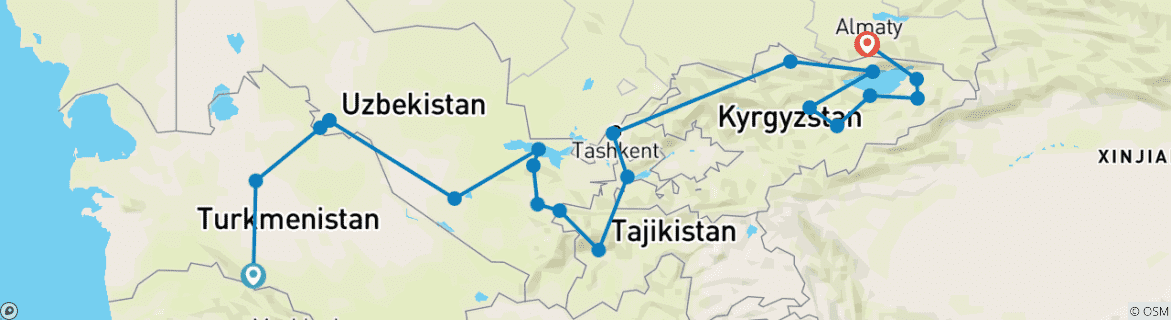 Karte von Seidenstraßen-Odyssee: Das Abenteuer in den Fünf Stans und World Nomad Games 2026 (42 Destinationen)