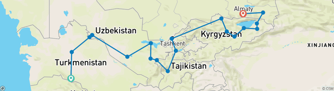 Karte von Seidenstraßen-Odyssee: Das Abenteuer in den Fünf Stans und World Nomad Games 2026 (40 Destinationen)