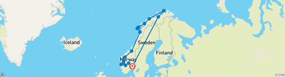 Image of a map showing the route of the tour