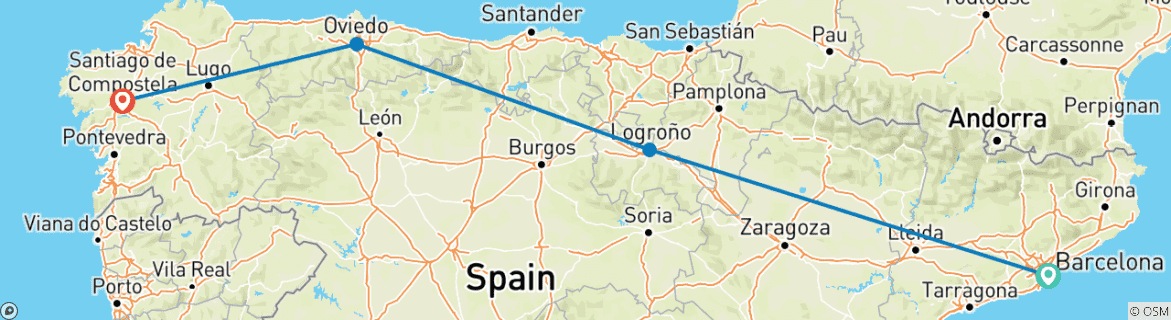 Image of a map showing the route of the tour