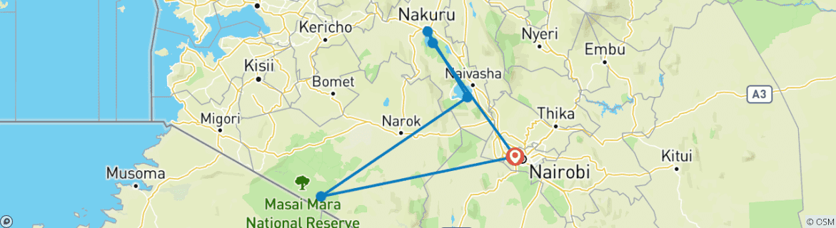 Image of a map showing the route of the tour