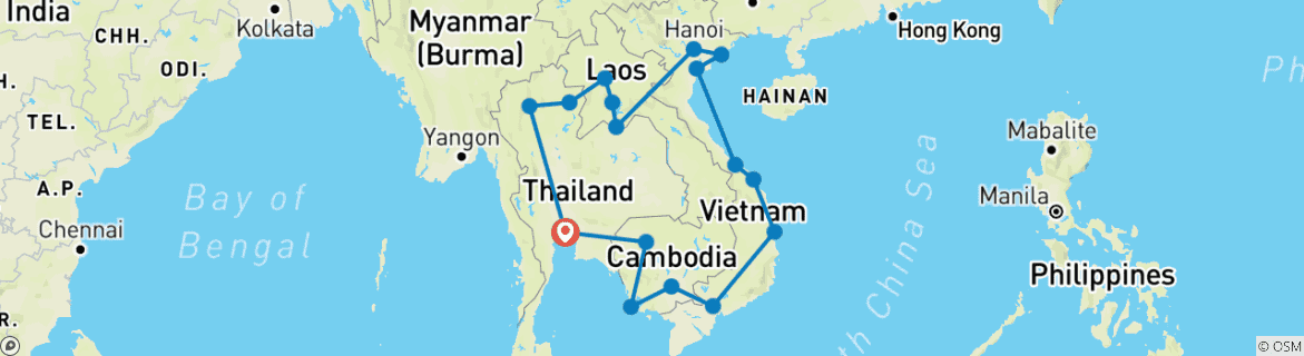 Image of a map showing the route of the tour