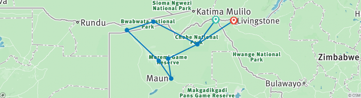 Image of a map showing the route of the tour