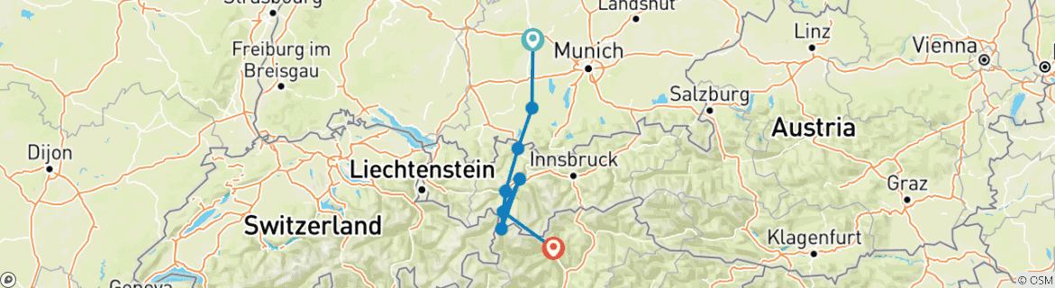 Karte von Via Claudia Augusta - Alpenüberquerung Augsburg - Meran - sportlich (7 Tage)