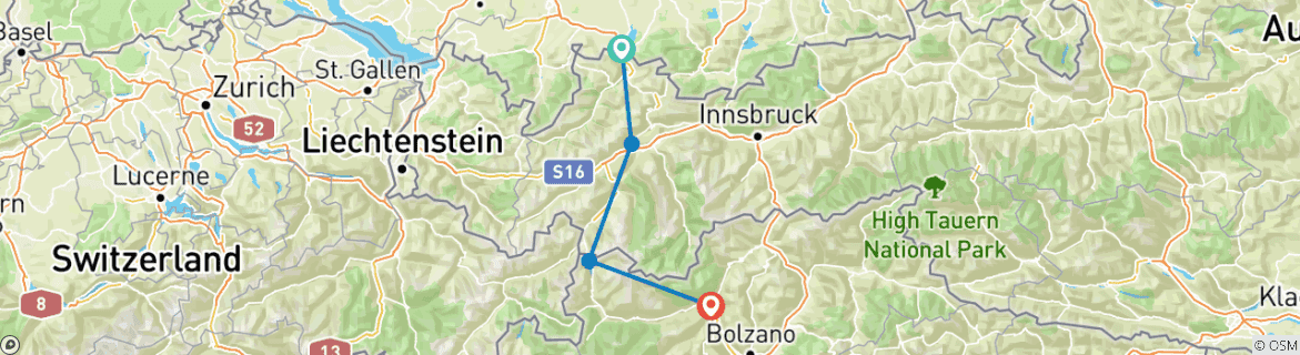 Image of a map showing the route of the tour