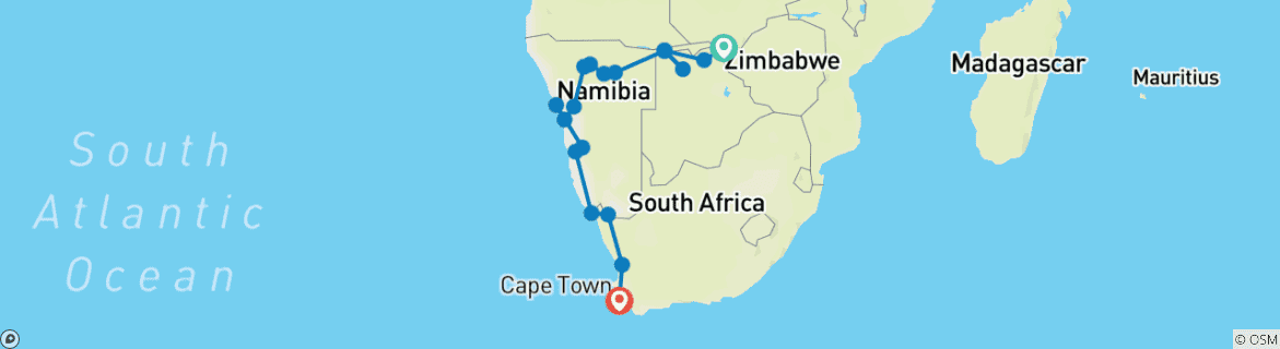Image of a map showing the route of the tour