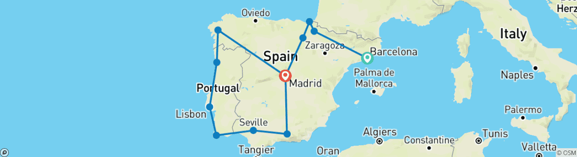 Image of a map showing the route of the tour