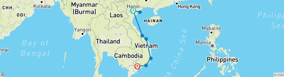 Image of a map showing the route of the tour