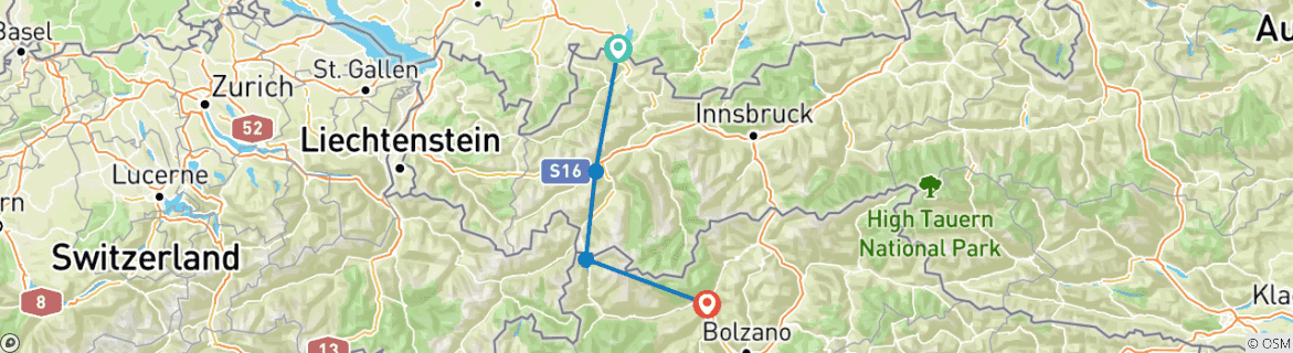 Image of a map showing the route of the tour