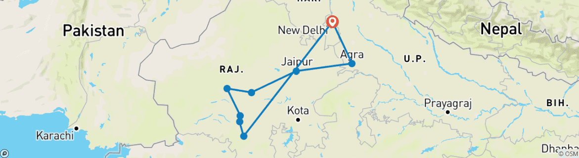 Image of a map showing the route of the tour
