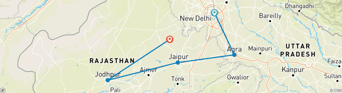 Carte du circuit Circuit de 7 jours dans le Triangle d'Or avec Jodhpur et Udaipur - Delhi Agra Jaipur Jodhpur Udaipur Tour