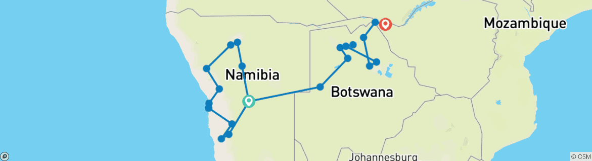 Image of a map showing the route of the tour