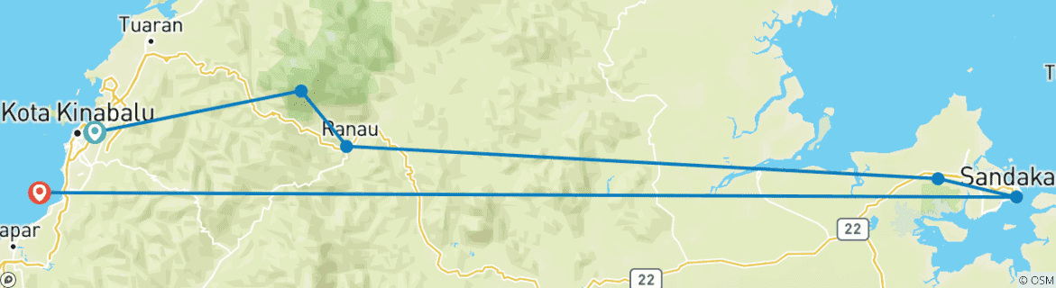 Image of a map showing the route of the tour
