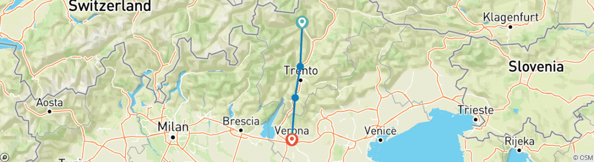 Image of a map showing the route of the tour