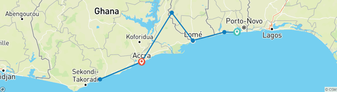 Image of a map showing the route of the tour