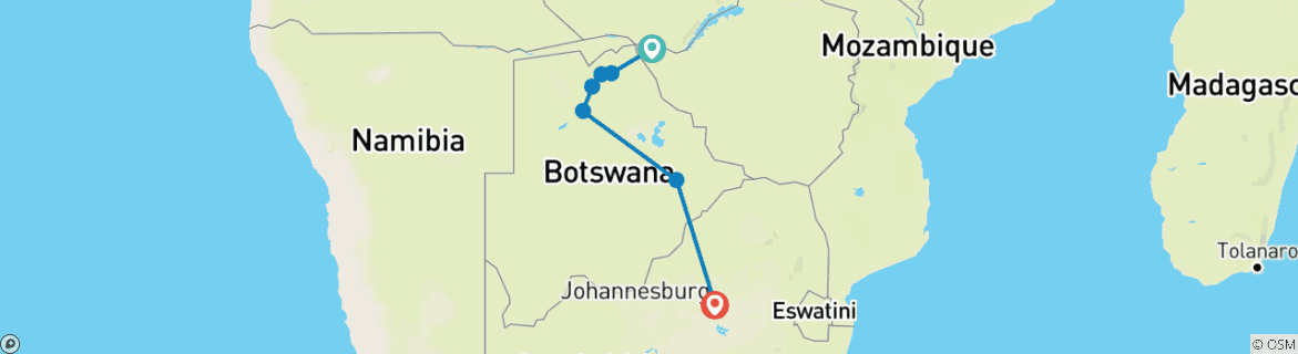 Image of a map showing the route of the tour