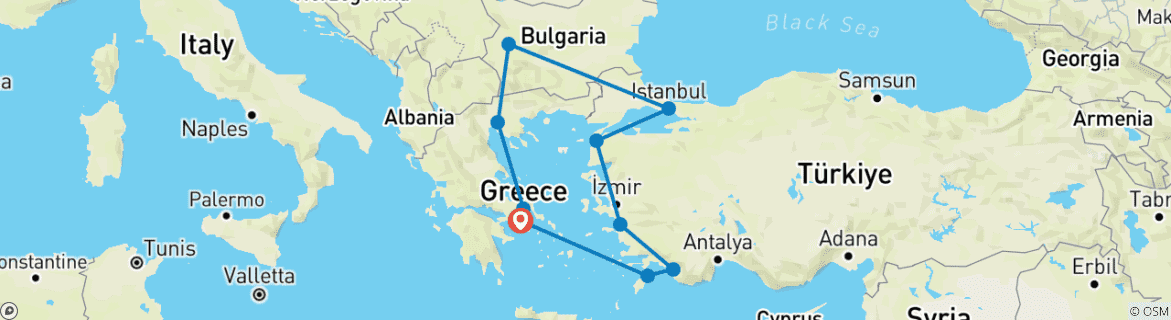 Image of a map showing the route of the tour