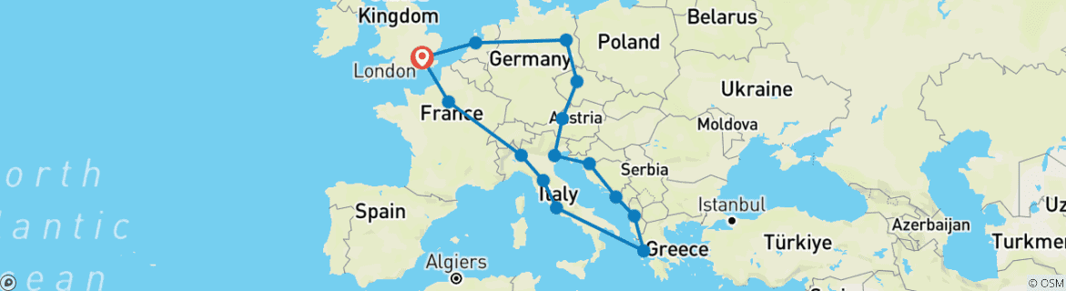 Image of a map showing the route of the tour