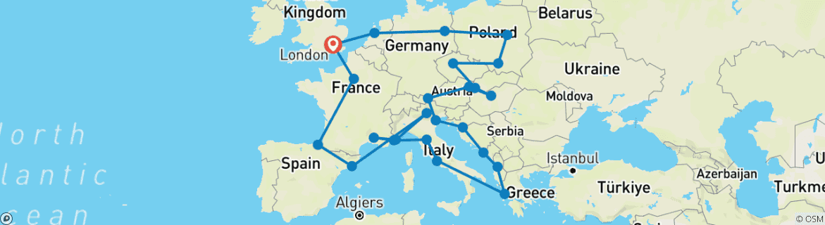 Image of a map showing the route of the tour