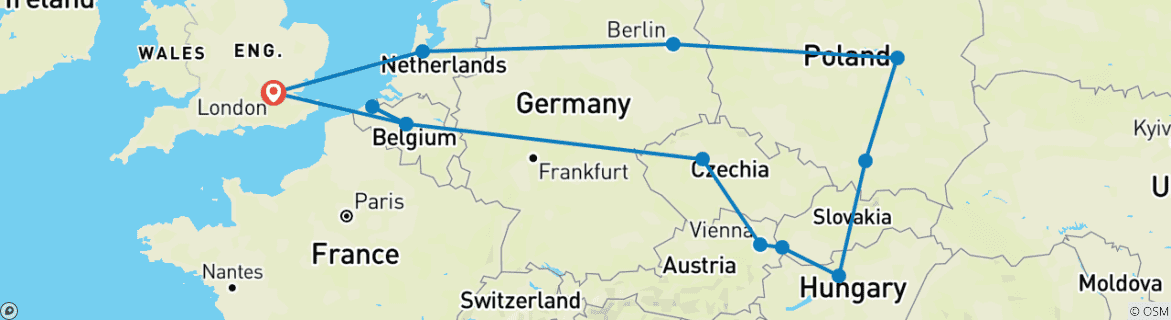 Image of a map showing the route of the tour