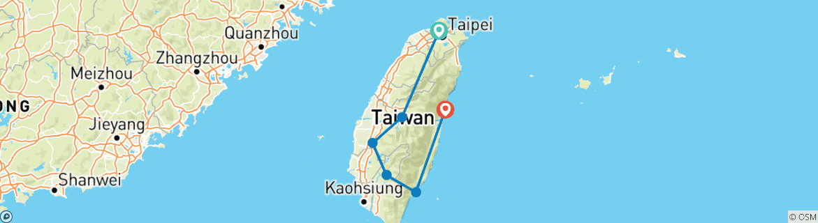 Image of a map showing the route of the tour