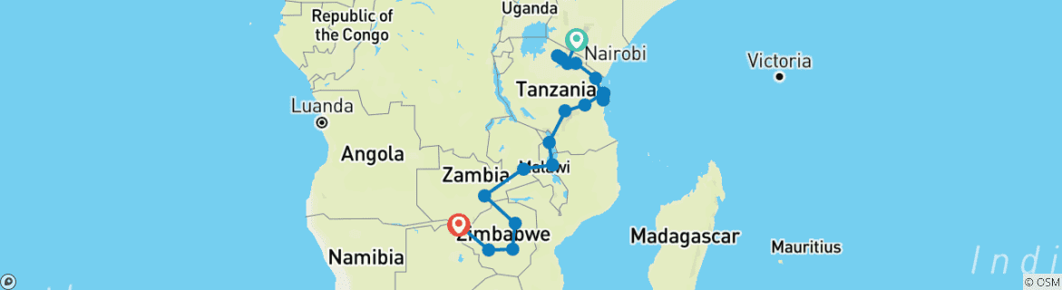 Image of a map showing the route of the tour