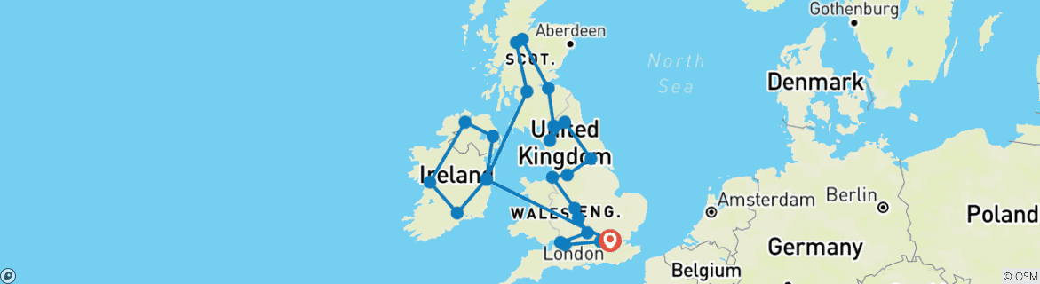 Image of a map showing the route of the tour